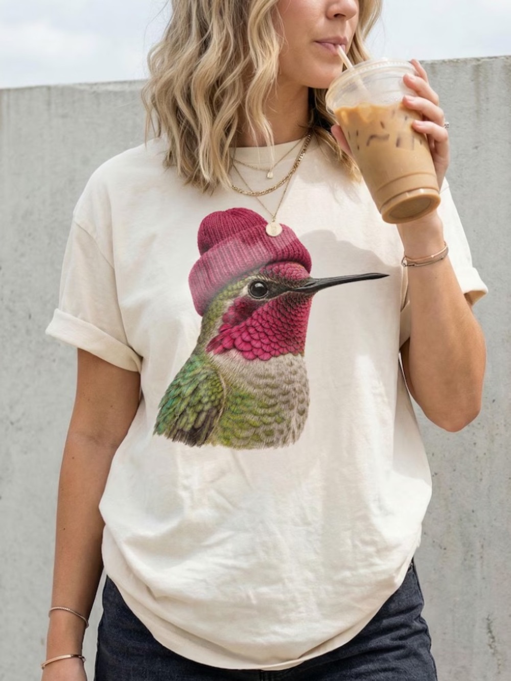 Comfort Colors Cream Tee with Pink & Green Hummingbird Graphic